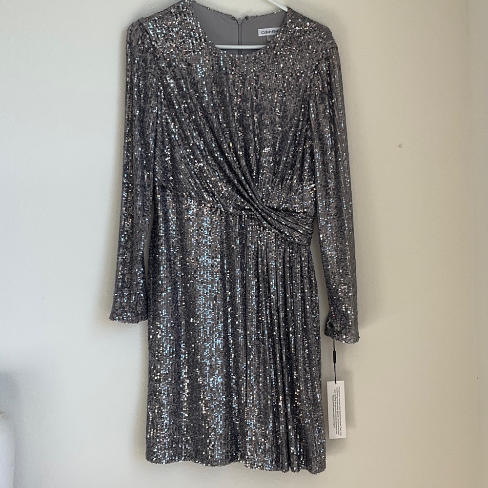 Calvin Klein Silver Sequin Long Sleeve Dress